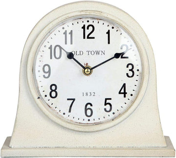 Antique Inspired Farmhouse Desk Or Mantel Clock, Battery Powered, Metal Body, Ivory