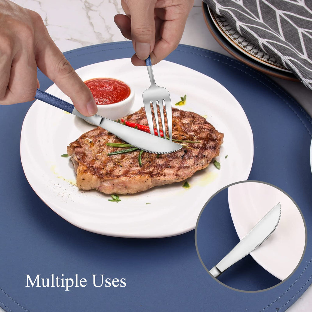 Mirror Silver Blue Silverware Set, 20-Piece Stainless Steel Flatware Set, Satin Finish tableware Cutlery Set, Service