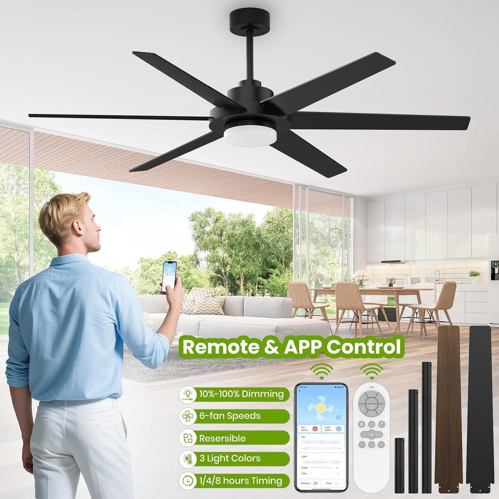 64 inch Ceiling Fans with Lights and Remote&APP,Industrial Ceiling Fan Reversible Quiet DC Motor, 6 Speed 3 CCT Dimiable, Modern Large Ceiling Fan for Living Room Farmhouse Patios Outdoor Gazebo Black