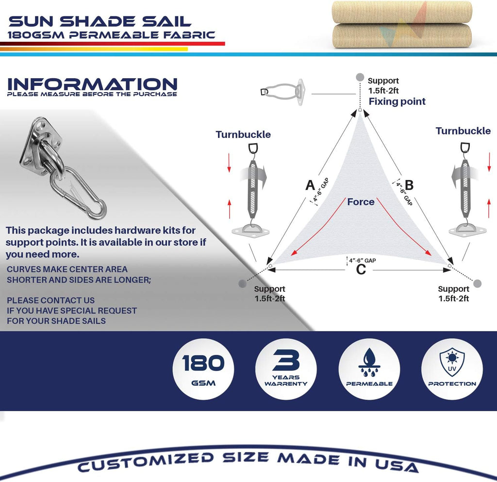 11' x 11' x 11' Sun Shade Sail Equilateral Triangle Outdoor Canopy Cover with Hardware Kit UV Block for Backyard