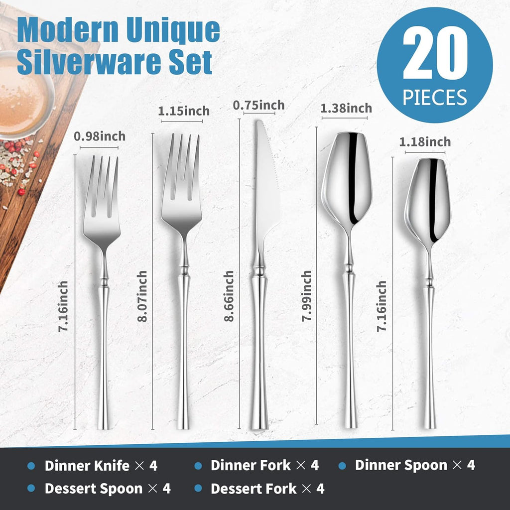 20-Piece Silverware Set for 4,Modern 18/10 Stainless Steel Flatware Set,Unique Rustic Cutlery Utensils Set