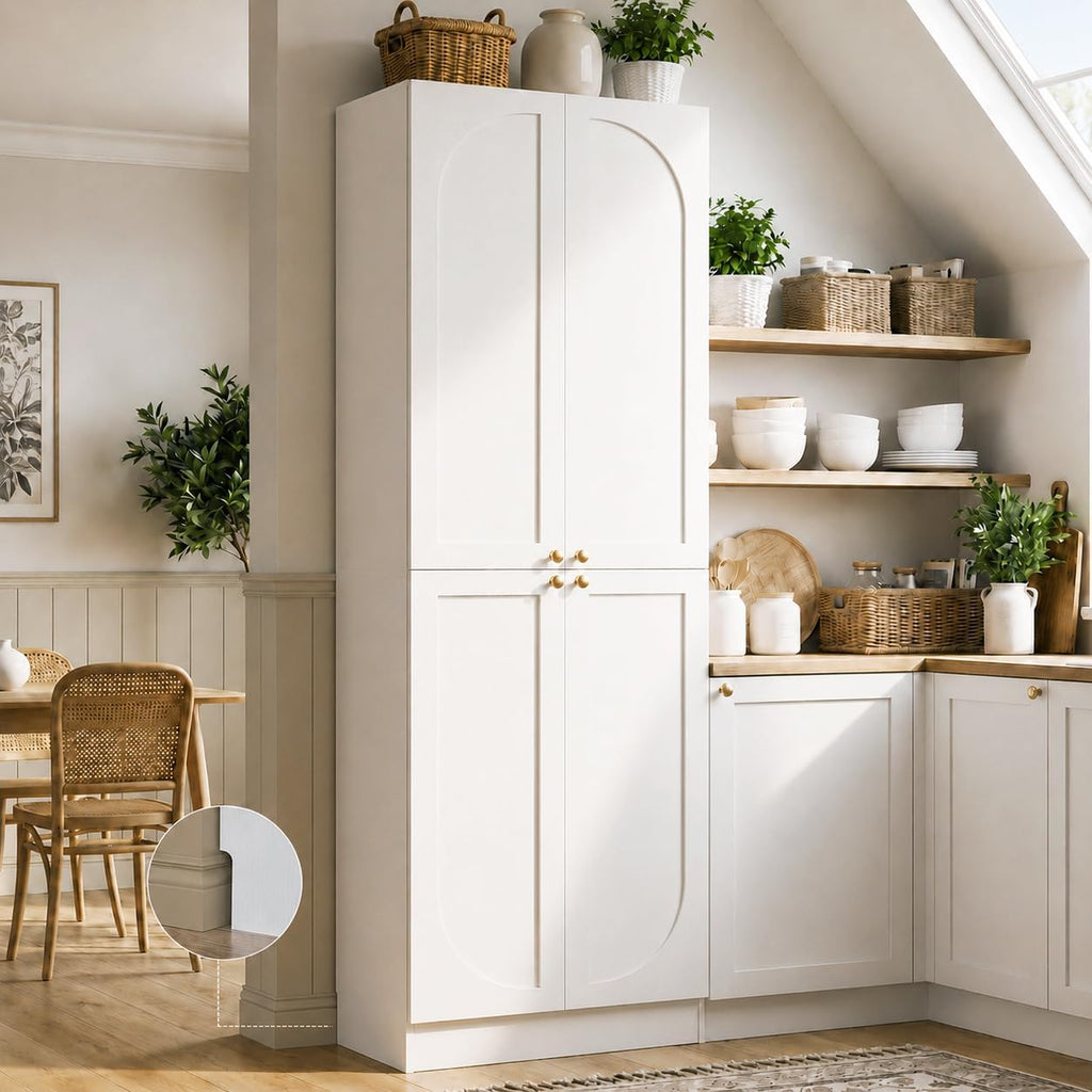 80" Kitchen Pantry, Extra Tall Arch Storage Cabinet with 4 Soft Close Doors and Adjustable Shelves, Freestanding Wood