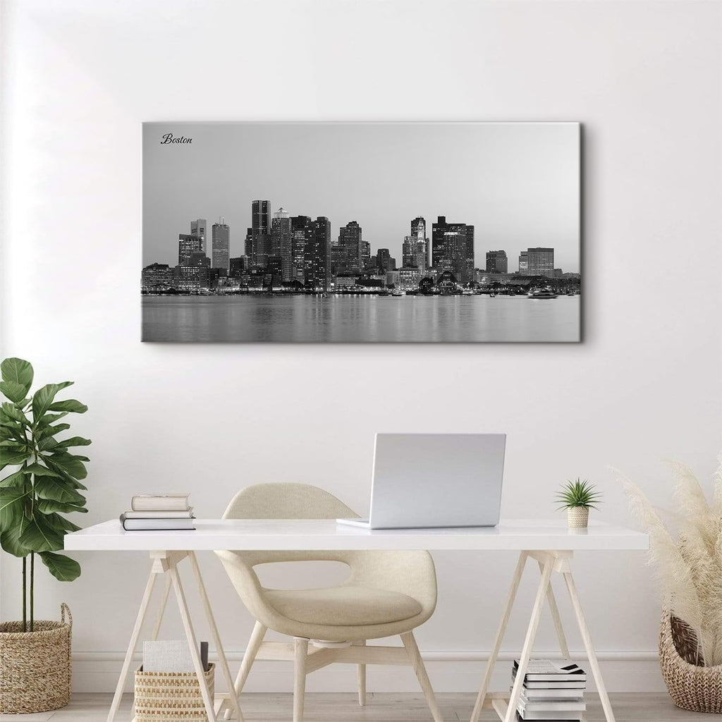 Boston Skyline Wall Art Black and White City Panoramic Canvas Prints Pictures Modern Night View Cityscape Posters
