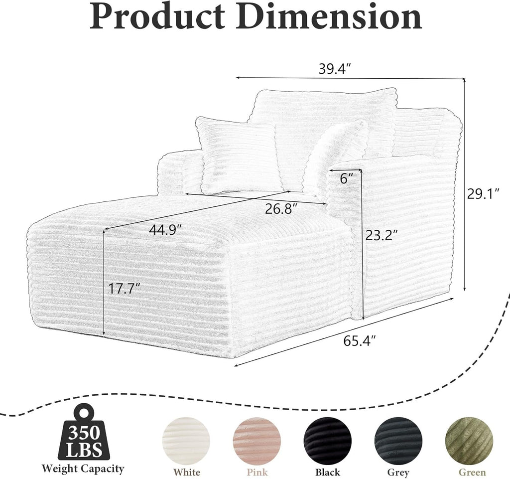 65.4" Chaise Lounge Chair Indoor, Oversized Boneless Couch | No Assembly|3 Pillows|Plush Corduroy|Upholstered Sofa