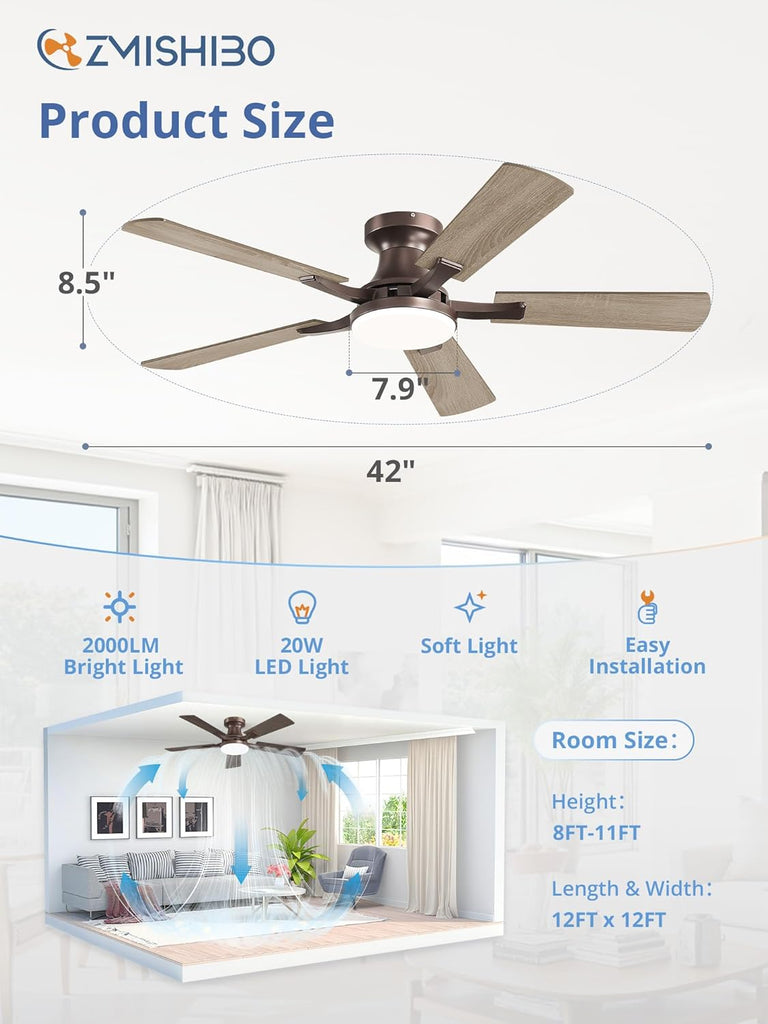 42 Inch Ceiling Fan with Light, App&Remote Control, Flush Mount Low Profile, Dimmable 20W LED Light, Quiet Reversible Motor for Bedroom, Living Room, Apartment, Brown