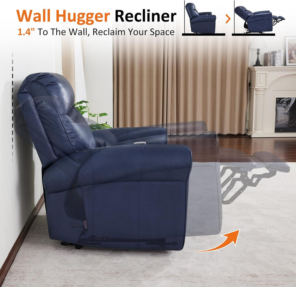 Power Wall Hugger Recliner Chair RV Living Room, USB & USB-C Charging Ports, Modern Rolled Arm Recliner, Faux Leather