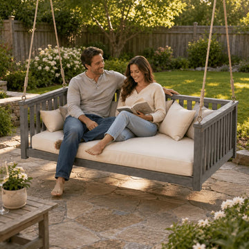 Twin Size Acacia Wood Hanging Swing Bed with Ropes, Outdoor Porch Daybed , Garden & Backyard, Minimalist Wooden Swing