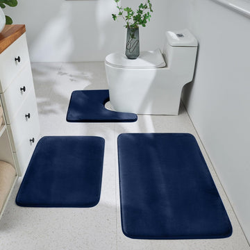 3-Piece Memory Foam Bathroom Rug Set, Navy | Quick Dry Velvet Surface, Non-Slip & PVC Backing, Ultra Soft Bath Rugs