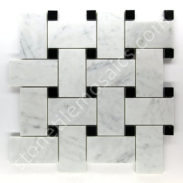 Italian White Bianco Carrera Large Size Big Basketweave Mosaic Tile with Nero Black Dots Honed