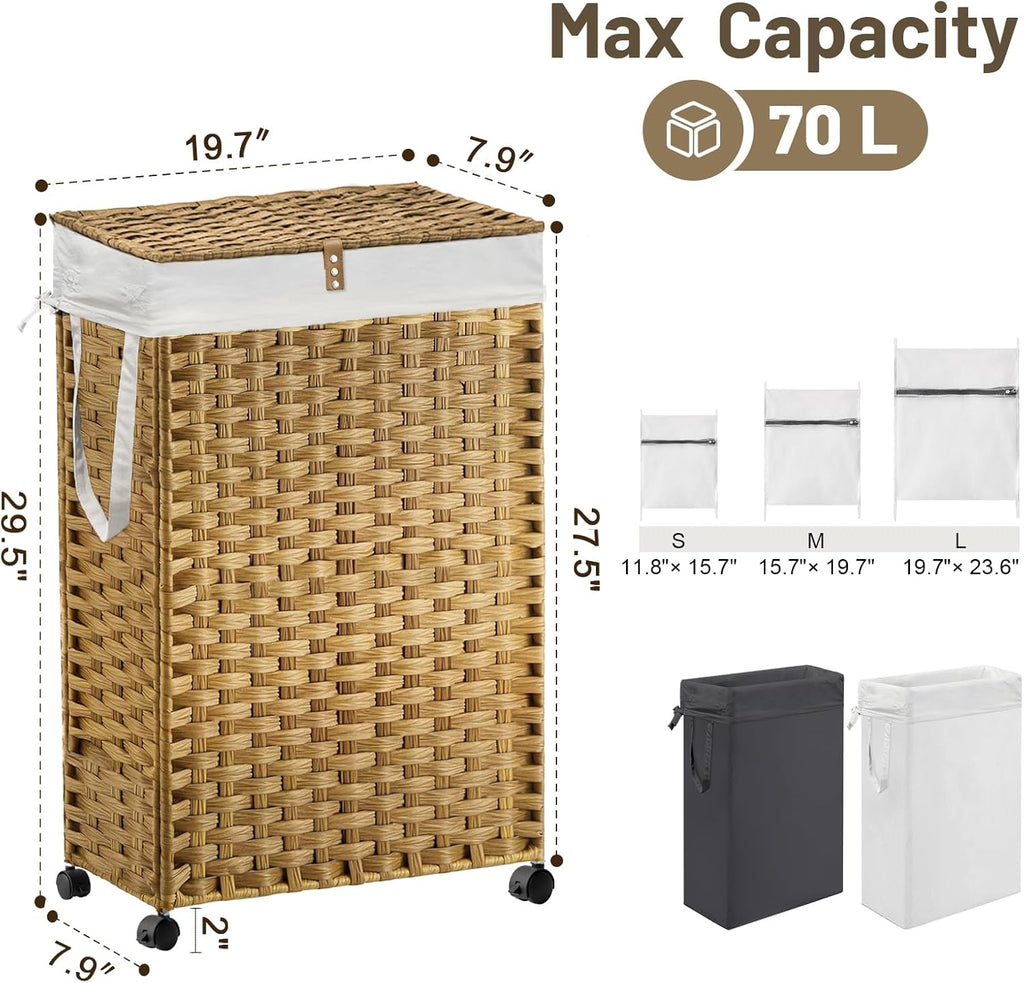 70L Slim Laundry Hamper with Lid & Wheels, Rolling Laundry Basket with 2 Removable Liner Bags & 3 Mesh Bags, Narrow
