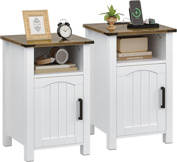 Farmhouse Nightstand with Charging Station, Set of 2 End Table with USB/Type-C Ports, Rustic Bedside Table with Large