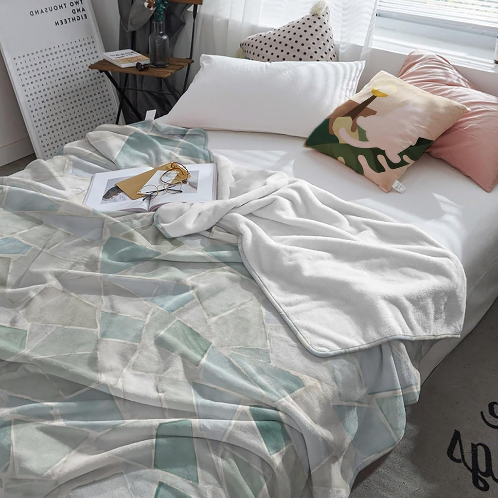 Vintage Stone Print Throw Blanket Boho Coastal Teal Mosaic Texture Flannel Cozy Soft Warm Fleece Blankets, 50 x 60 inch