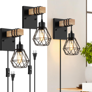 Plug in Wall Sconces Set of Two, Vintage Wood Wall Lamps with Plug in Cord, Farmhouse Wall Light Fixture