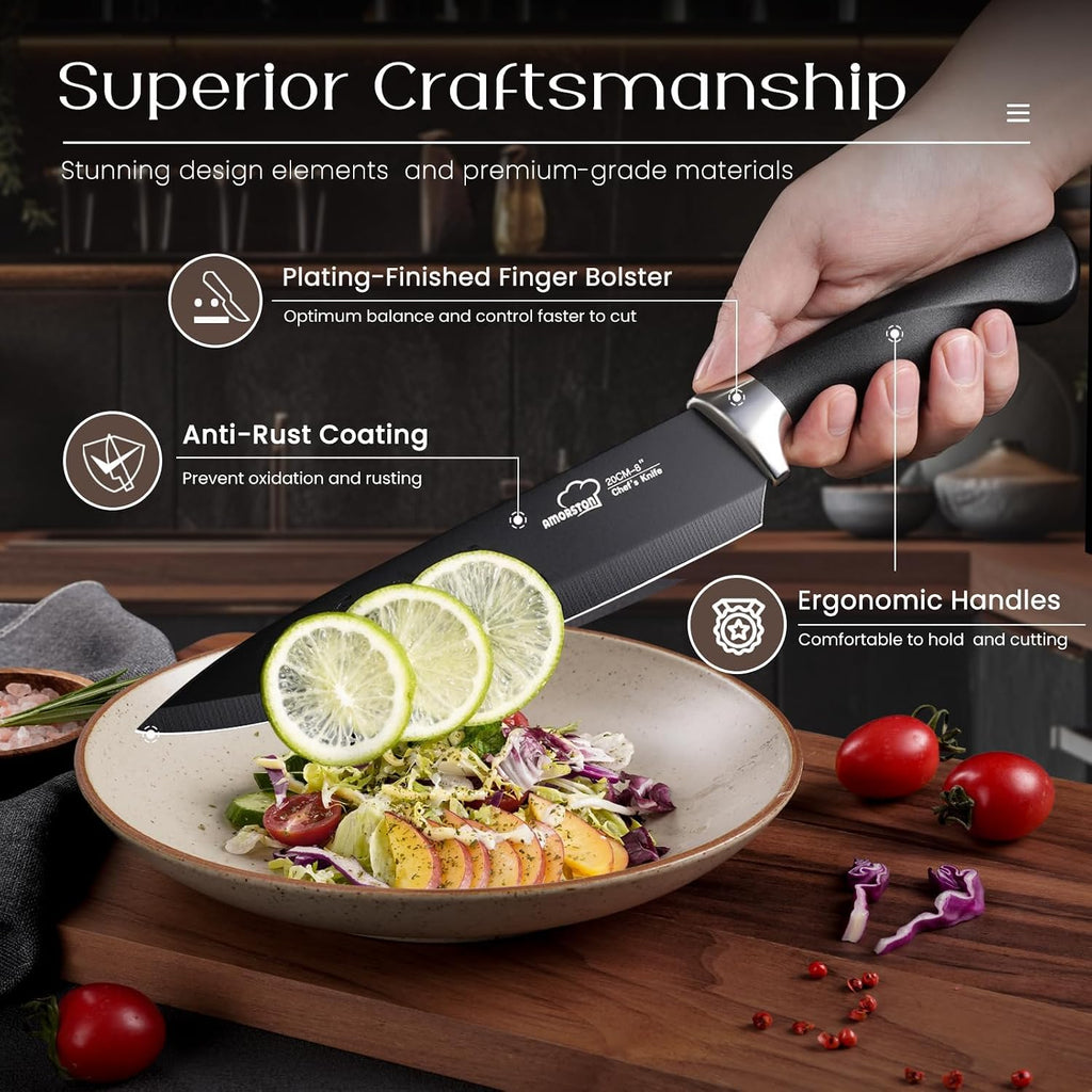 Knife Set, 21 Pieces Kitchen Knife Set with Block and Sharpener, Ultra-Sharp Knives Set with Ergonomic Handles, Black