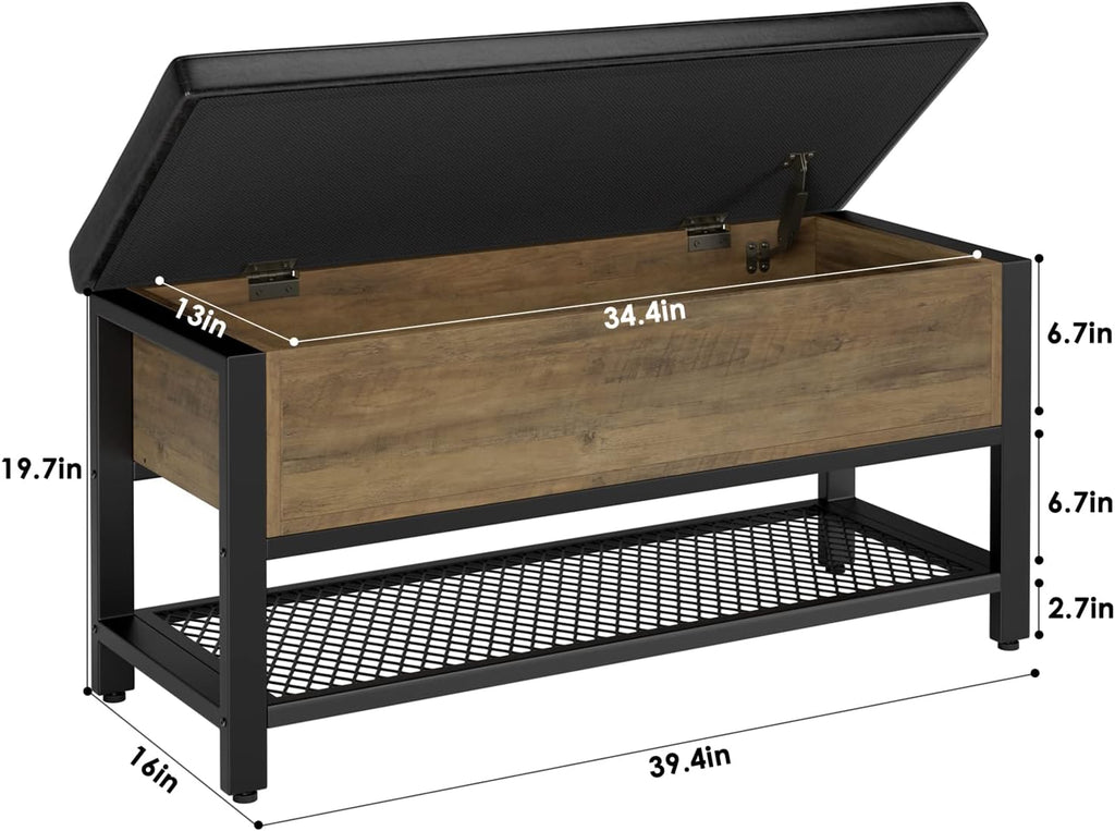 40" W Storage Bench, Entryway Shoe Bench with Cushion, Rustic Brown | Wood Metal Bench with Flip-Open Hidden Storage