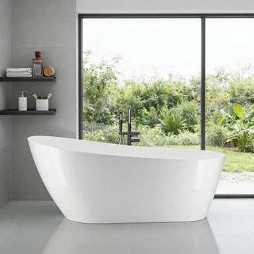 59 Inch Acrylic Freestanding Bathtub, Deep Soaking Tub with Non-Slip Base, CUPC Certified Free Standing Tub, Chrome