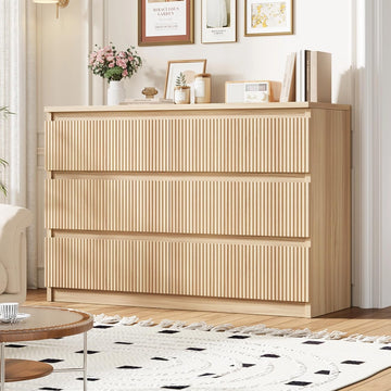 6 Drawer Fluted Dresser, Modern Chest of Drawers with Hidden Handles, Wood Storage Organizer Cabinet , Natural Oak