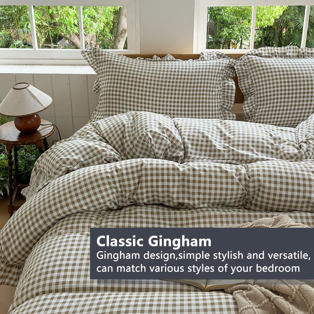 Tan Gingham Ruffle Duvet Cover, 3 Pieces Taupe Soft Pre-Washed Microfiber Checked Plaid Comforter Cover Set