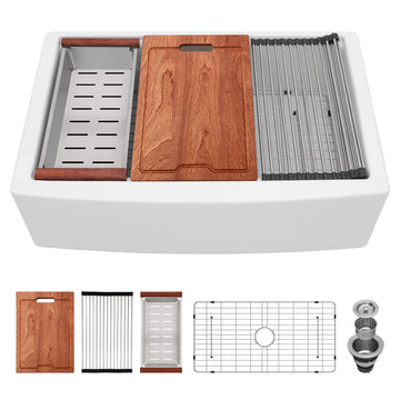 33 Inch White Farmhouse Kitchen Sink - 33x21x10 Inch Fireclay Workstation Apron Front Single Bowl Porcelain Ceramic