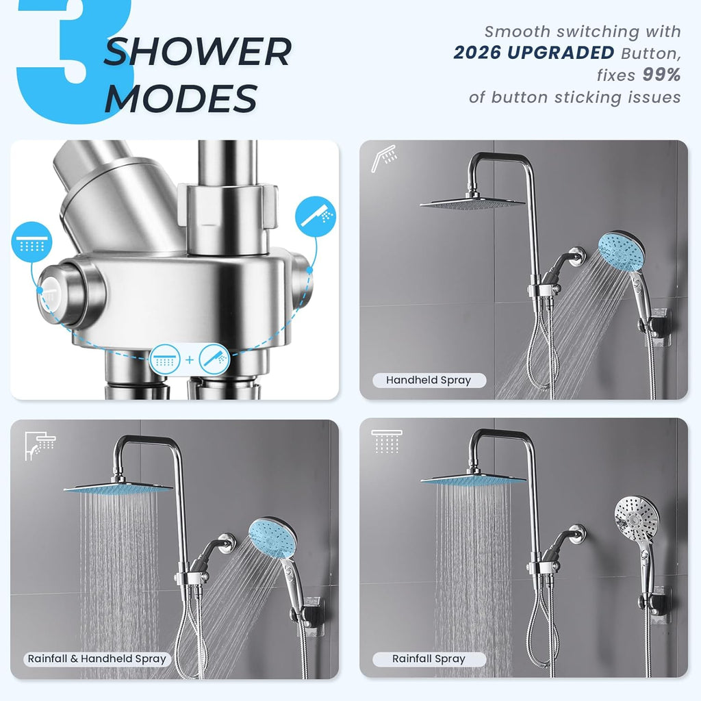 Dual Shower Head Combo, 8'' High Pressure Rain Shower Head with Handheld Spray, 6+1 Spray Settings Handheld Showerhead