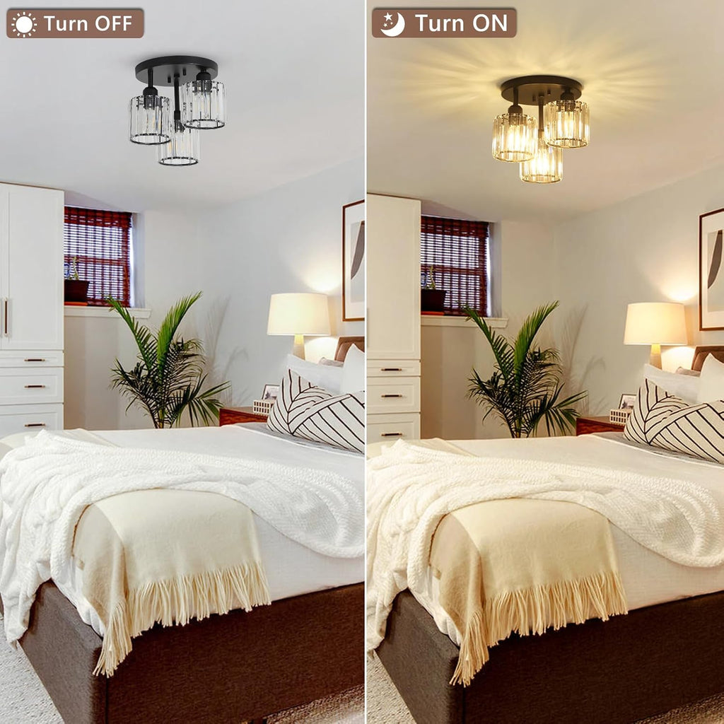 Crystal Semi Flush Mount Ceiling Light,3-Light Modern Close to Ceiling Light Fixtures,Black Kitchen Light Fixtures