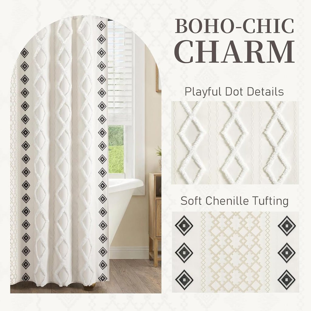 White Boho Cotton Shower Curtain,72" W x 72" L | Cotton Fabric with Striped Print