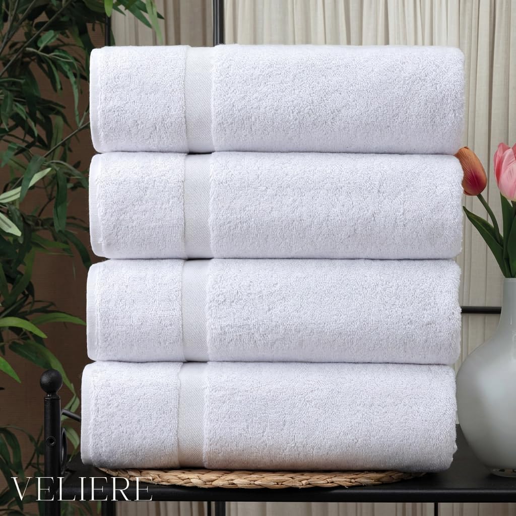Luxury Turkish Bath Towels Set of 4, Double Stitched 100% Cotton True 600 GSM Soft & Absorbent Bathroom Towels, Hotel