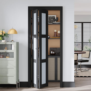 Bifold Closet Doors,Folding Door for 30" x 80" Opening,3-Lite Tempered Frosted Glass,Black Interior Bi-fold Barn Door