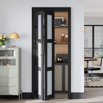 Bifold Closet Doors, Folding Door for 28" x 80" Opening, 3-Lite Tempered Frosted Glass, Black Interior Bi-fold Barn Door
