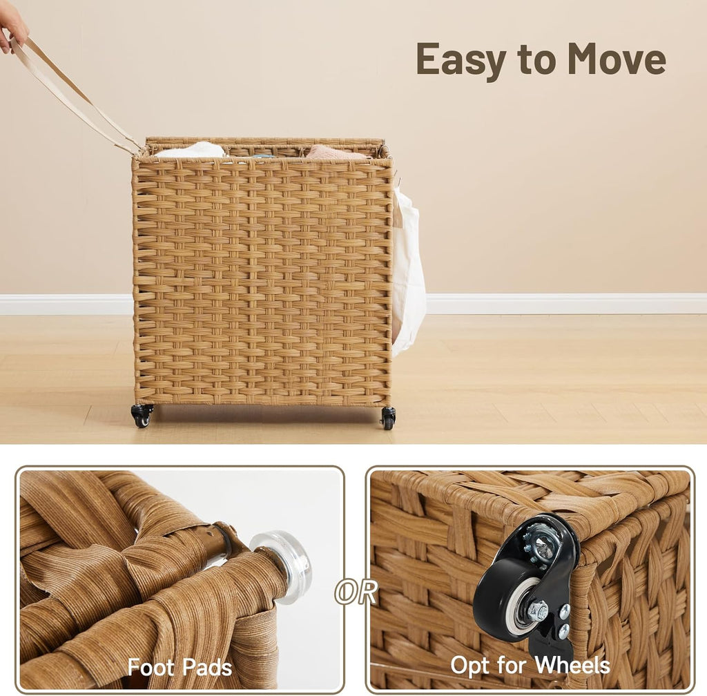 Laundry Hamper with Wheels, 39.6 Gallon(150L) Rolling Laundry Basket with Lid, 3-Section Rattan Clothes Hamper with 3