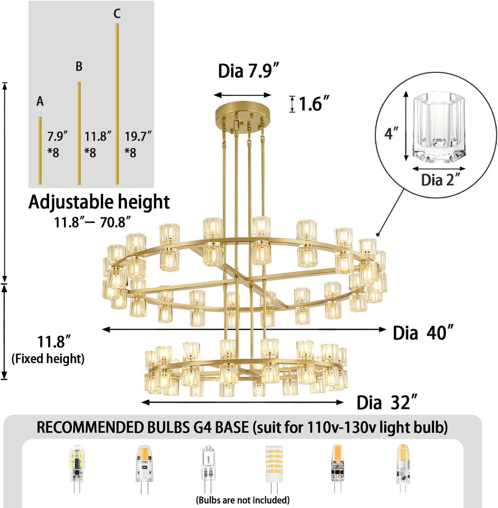 Large Gold Wagon Wheel Chandelier 72-Lights Gold Round Chandeliers Glass Chandelier for Dining Room,Living Room Vintage Chandeliers D32''+D40''