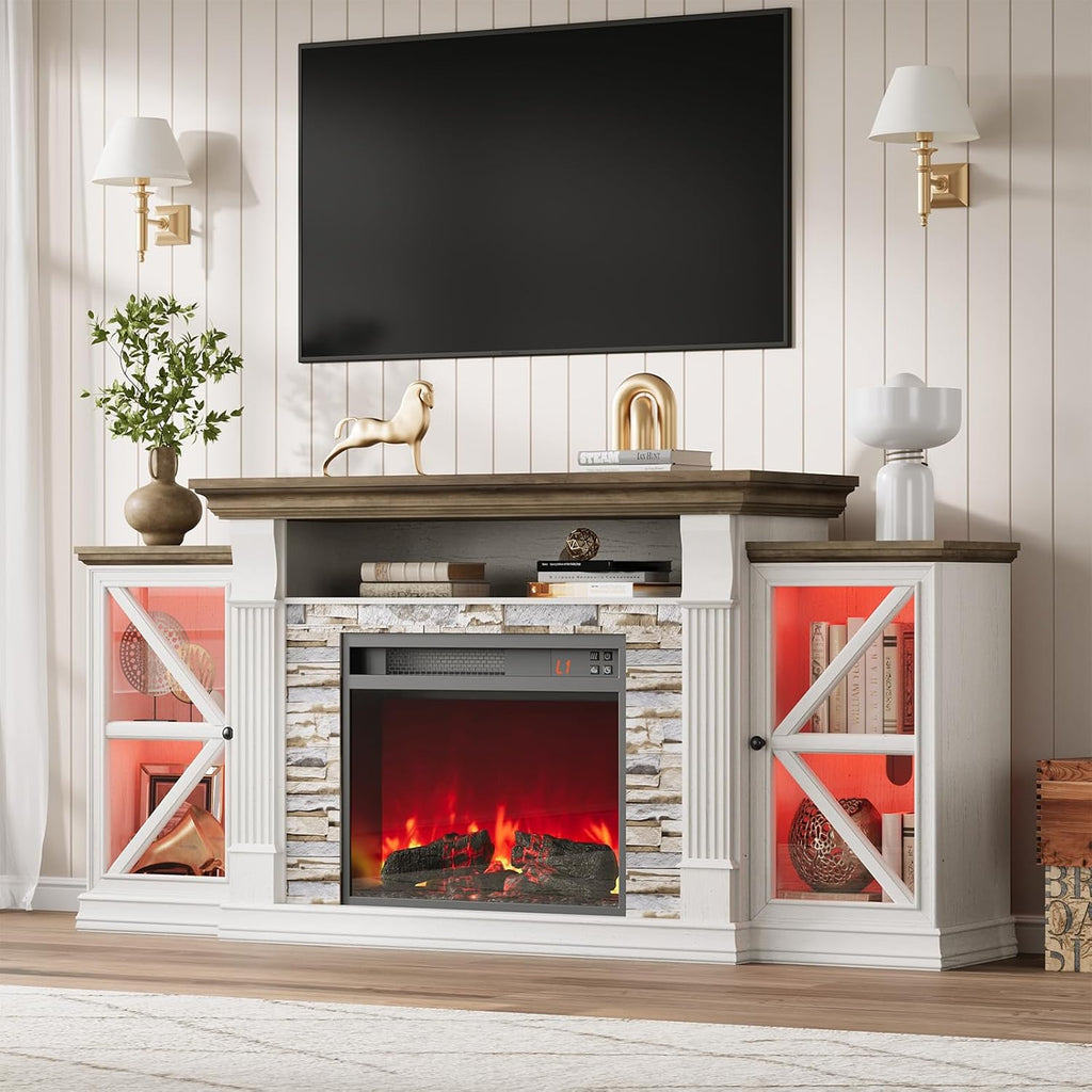 Electric Fireplace TV Stand, 70" Farmhouse Entertainment Center with Open Shelf and Glass Barn Door Cabniet, Modern