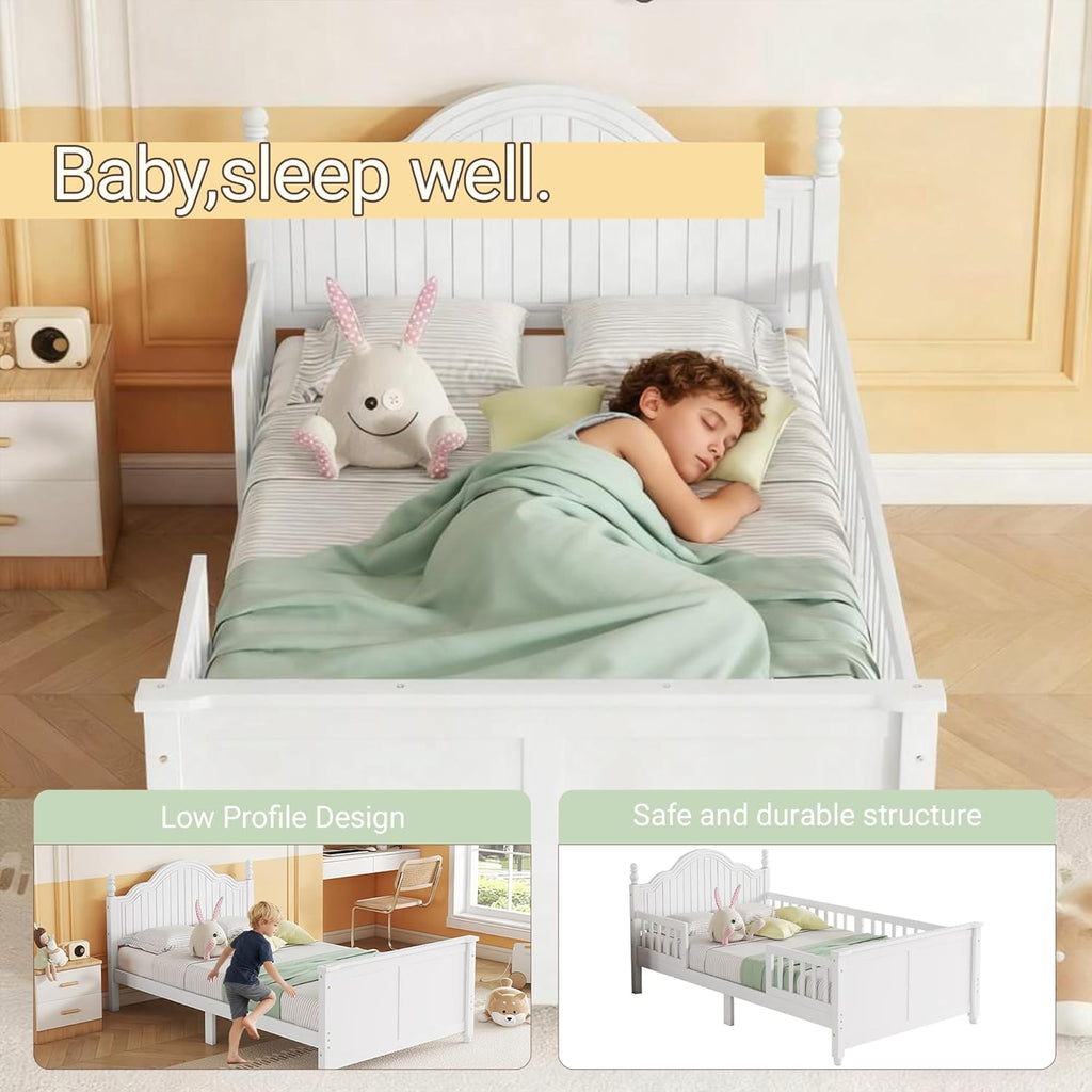 Twin Kids Bed Frame with Full-Length Guardrails, Low Profile Wood Platform Bed with Headboard & Footboard, Removable