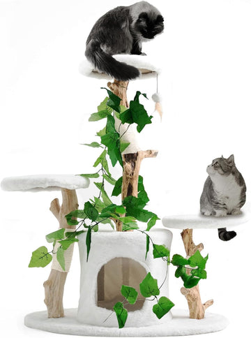 Cat Tree 38 Inch Real Wood Cat Tower with Natural Branches, Cat Condo for Indoor Cats, Modern Cat Furniture