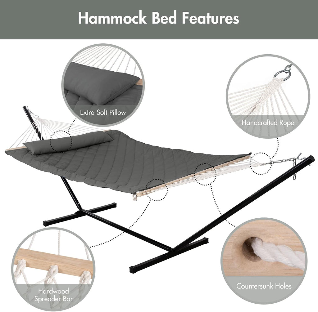 Heavy Duty Hammock with 12FT Stand, Rope Hammock for Outside, Gray | Double Hammock with Stand, Includes Hammock Pad