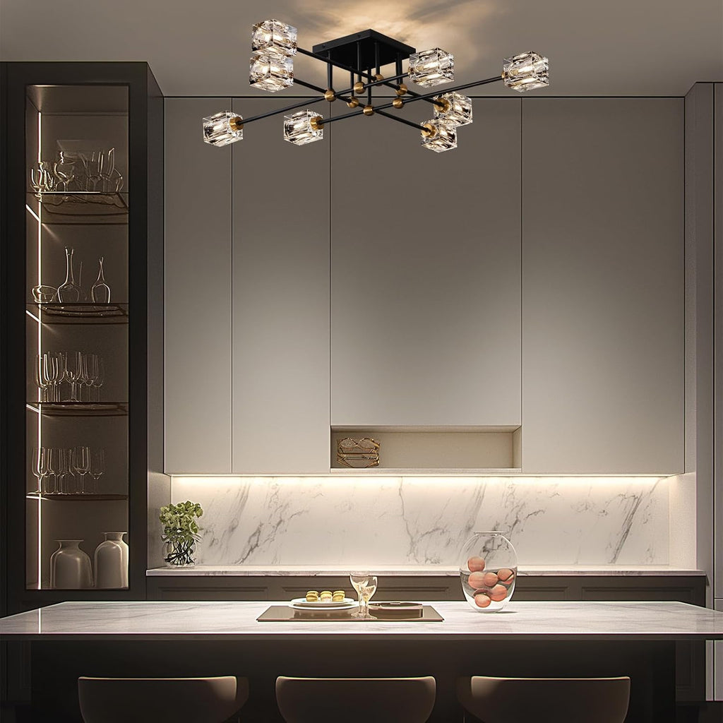 8-Light Crystal Ceiling Light Fixture Black and Gold Semi Flush Mount Ceiling Light Modern Chandeliers for Dining