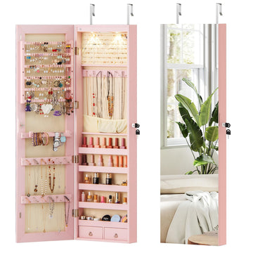 Wall Door Jewelry Armoire, 47.5" H Full Length Mirrored Jewelry Cabinet with 2 LED Lights and 2 Drawers, Lockable
