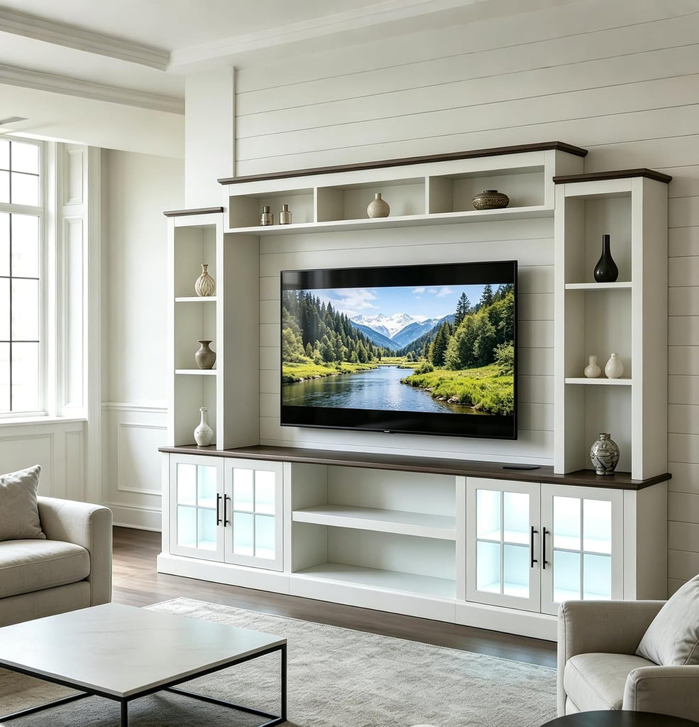 Farmhouse TV Stand 98" Entertainment Wall Unit with Barn Doors, Built-in Power Outlets, Open Bookshelves & Storage