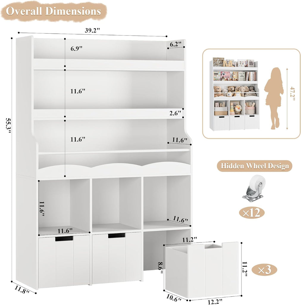 Toy Storage Organizer w/Bookshelf & Stuffed Animal Organizer, White | Large Toy Organizer with 3 Movable Storage