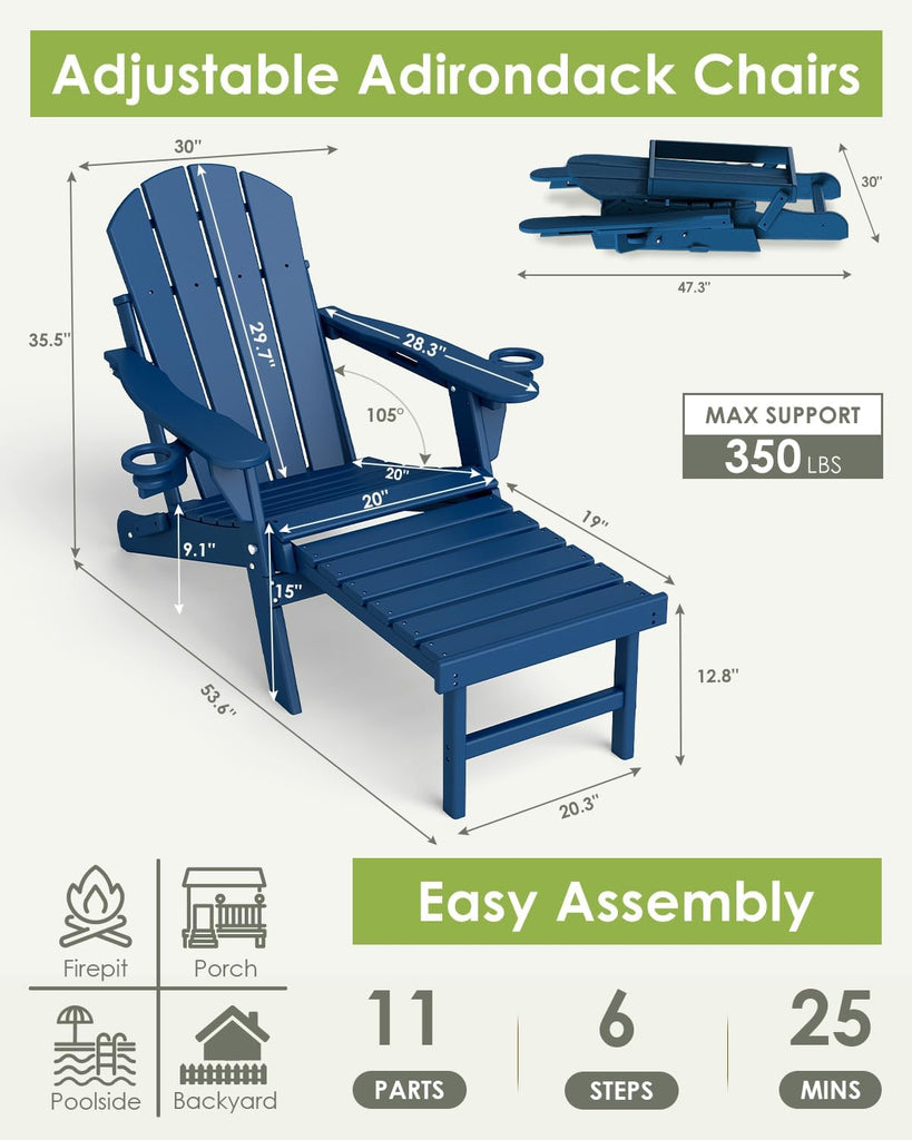 Adjustable Adirondack-Chairs-with-Ottoman Set of 2, HDPE, Blue