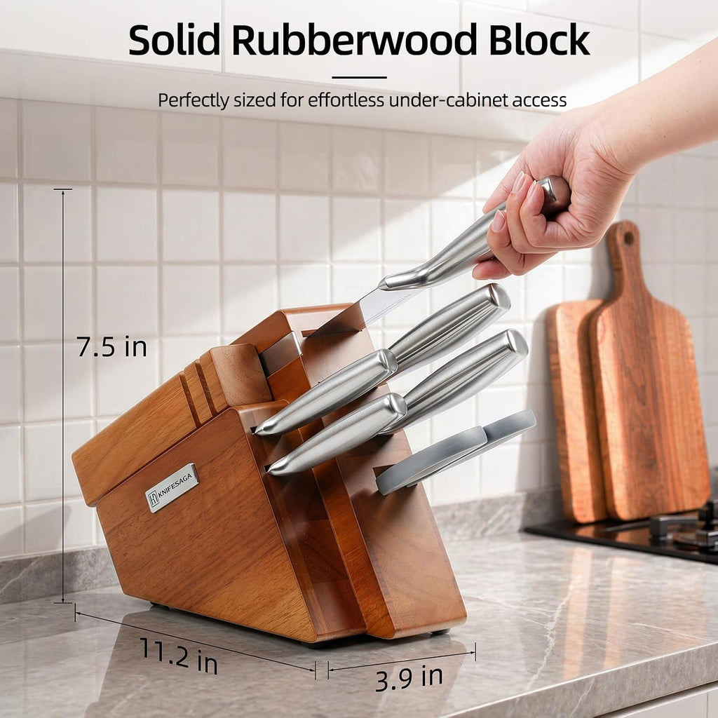 Kitchen Knife Set with Block and Detachable Sharpener | 8-Piece High Carbon Stainless Steel Knife Block Set, Fully