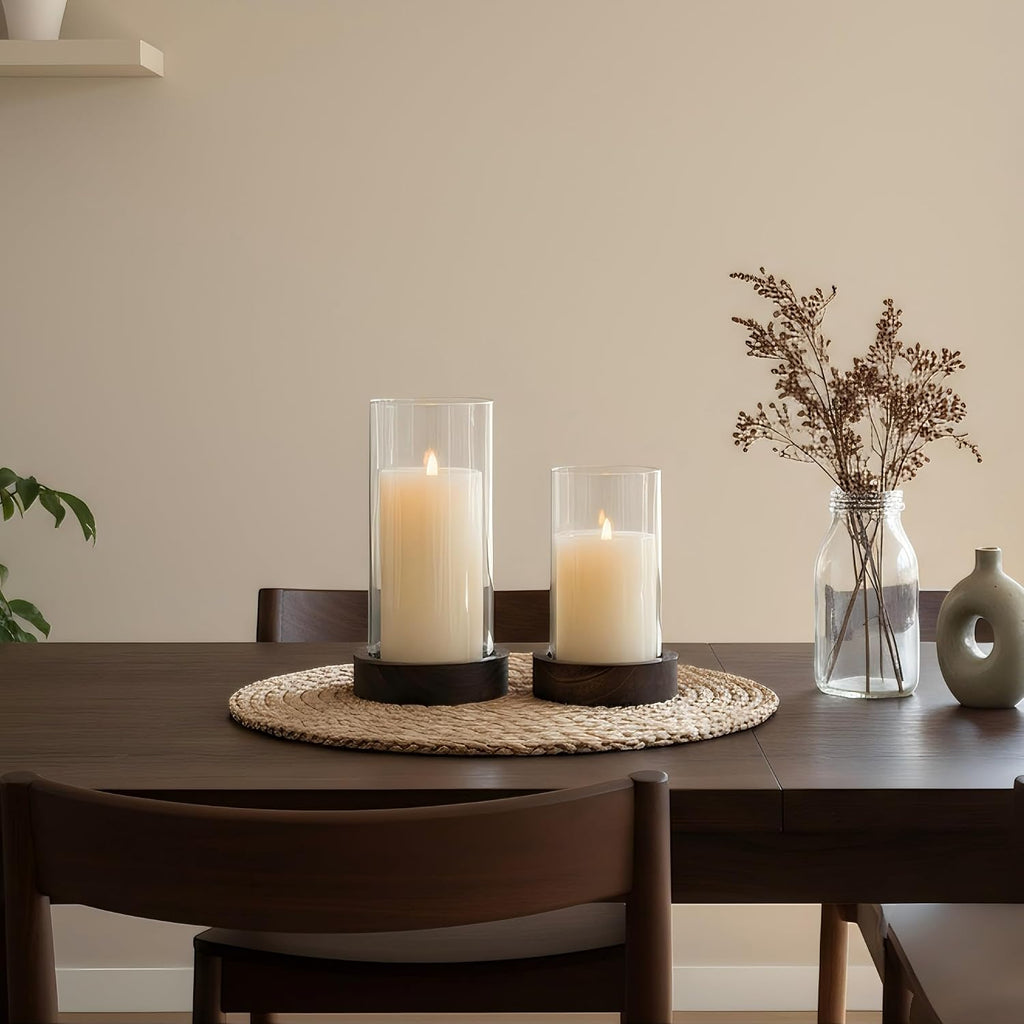Set of 2 Hurricane Candle Holders with Wood Base & Glass Cylinder (4.2x5.9" & 4.6x7.8") - Rustic Wooden Candle