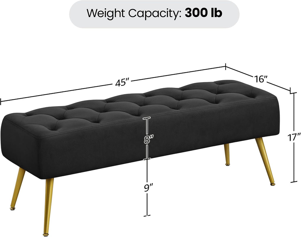 45in Velvet Ottoman Bench End of Bed, Black | Tufted Upholstered Bench Seat, Bed Bench with Tapered Gold Metal Legs