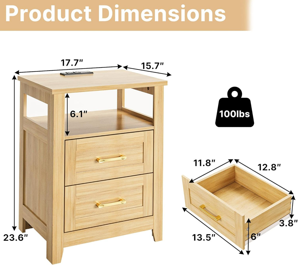 Farmhouse Nightstand with Charging Station, Modern End Tables with 2 Drawers & Open Shelf, Outlets, USB Ports and