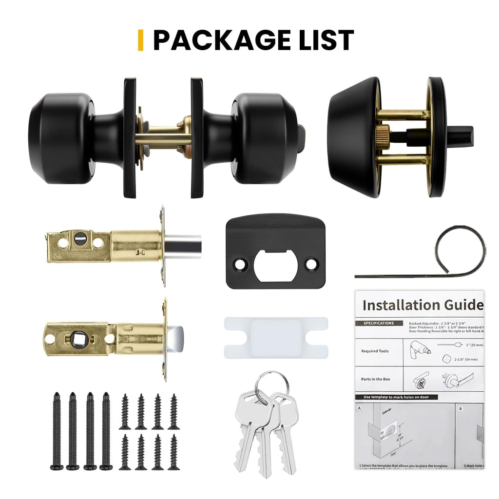 Matte Black Exterior Door Knob and Deadbolt Set, Keyed-Different Entry Locksets with Lock and Key 1 Pack Set