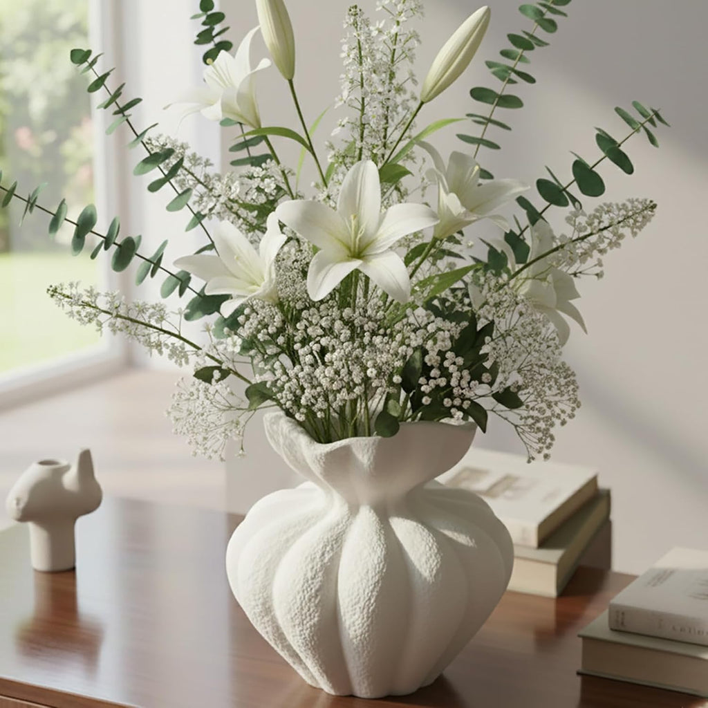 White Ceramic Vase, 8.2 Inch Modern Boho White Flower Vase