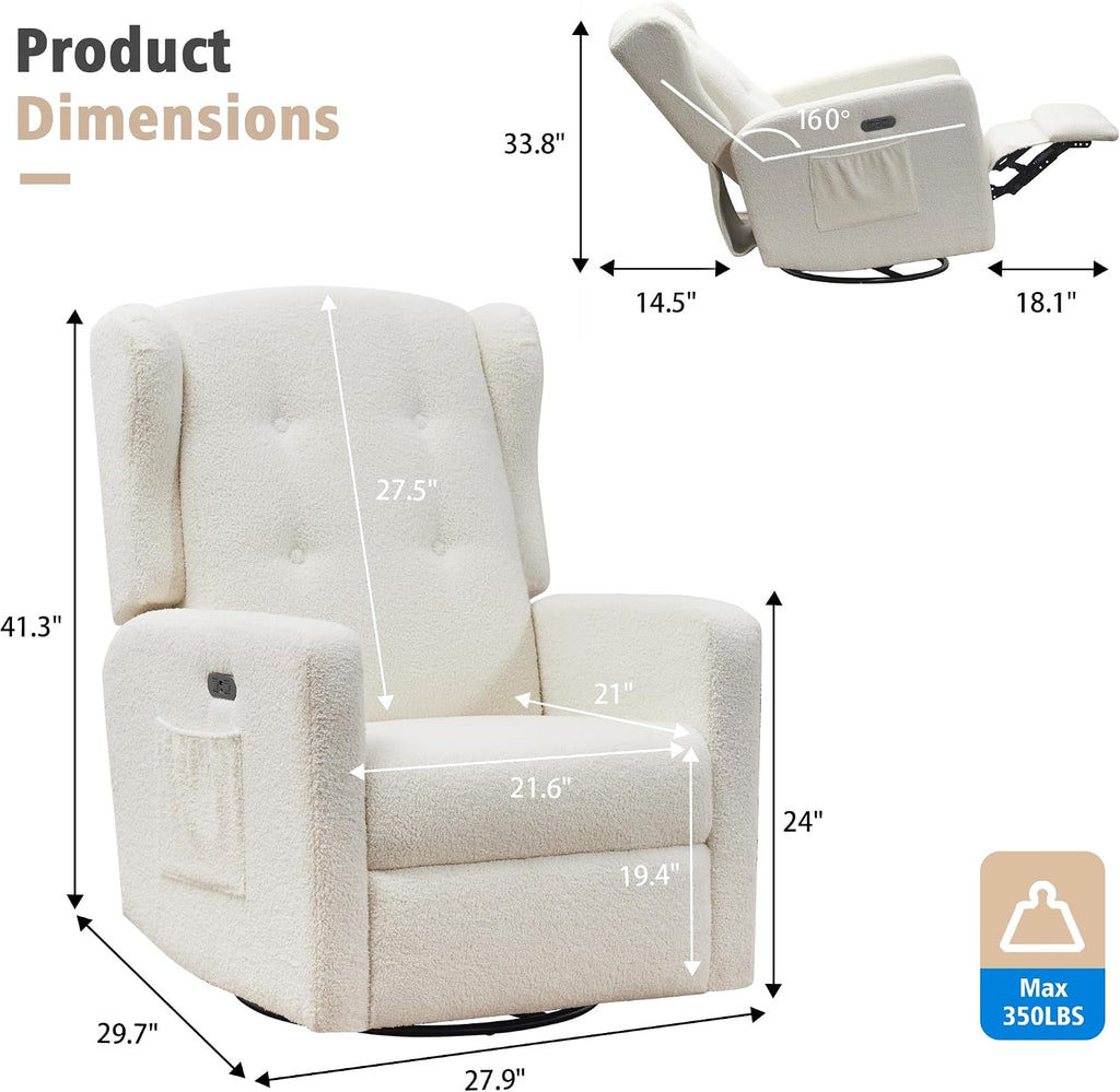 Swivel Rocker Power Recliner Chair, 270° Swivel Glider Recliner with USB & Type-C Charging, Electric Reclining Chair