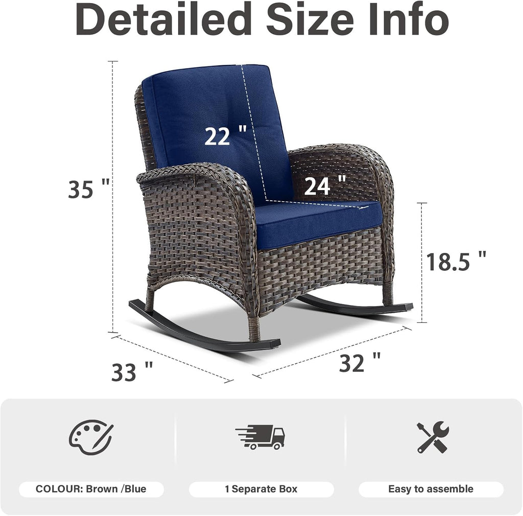 Patio Rocking Chair Wicker Chair, 1 Piece Outdoor Rocking Chair Seating with Cushions for Porch Deck Balcony
