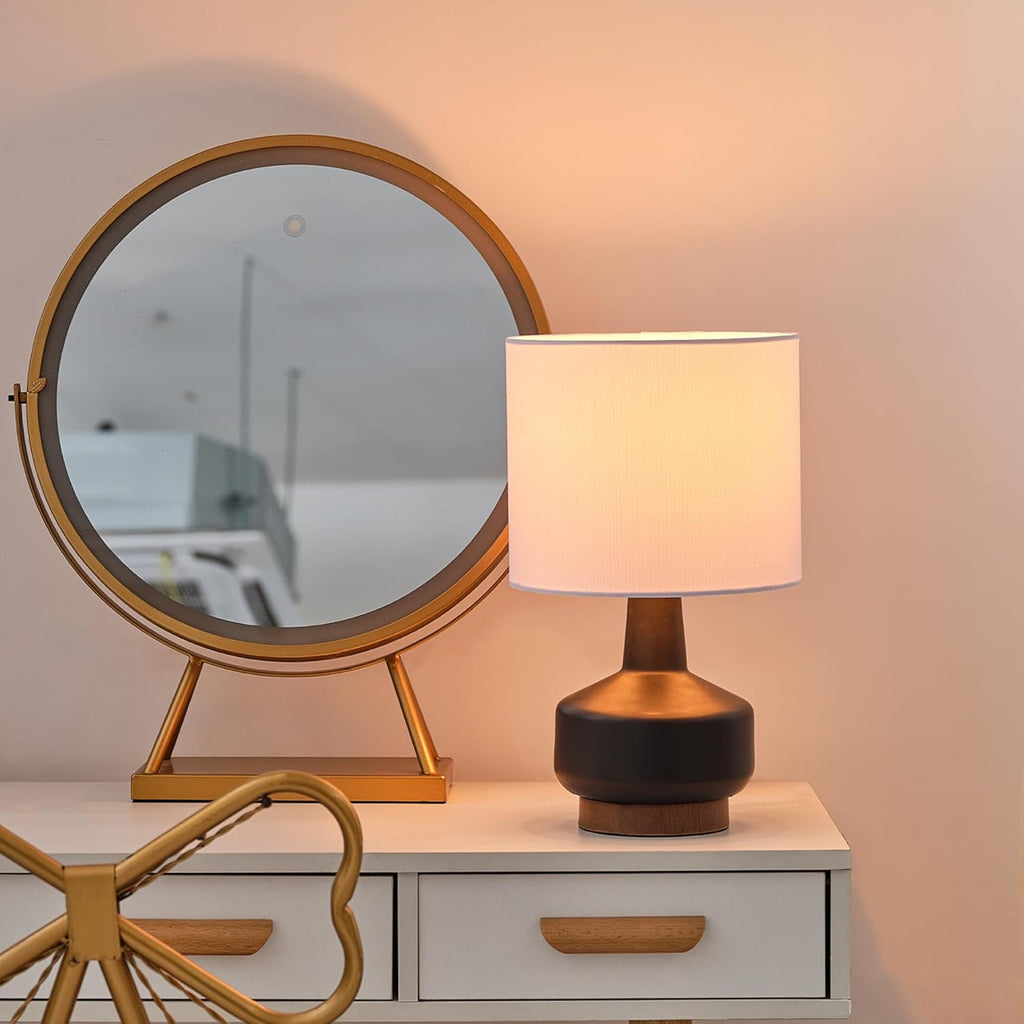 15" Ceramic Table Lamp, Matte Black Base, Wood-Toned Accent, White Linen Shade, Dual Rotary Switch