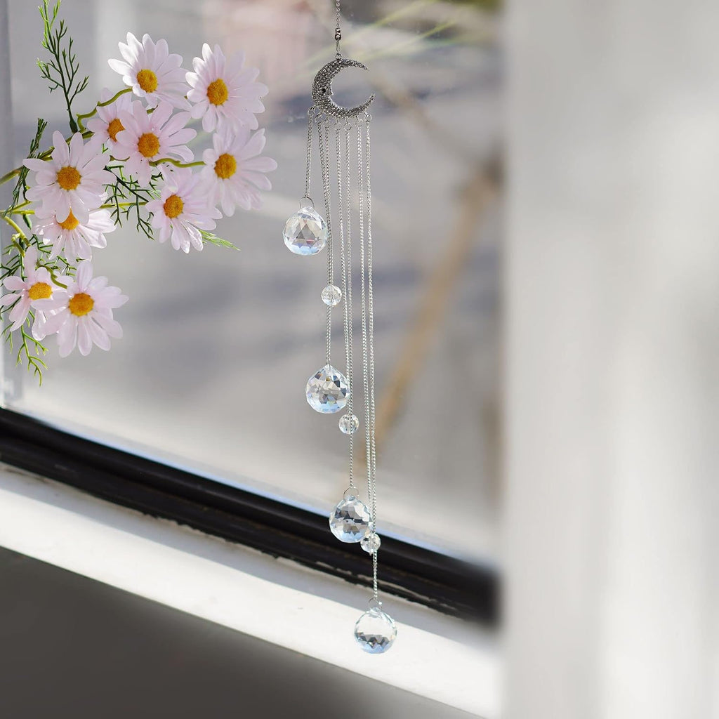 Crystal Suncatcher Window Hanging Moon Prism Rainbow Ornament - 20.5 inch crystal prism beads, moon decor
